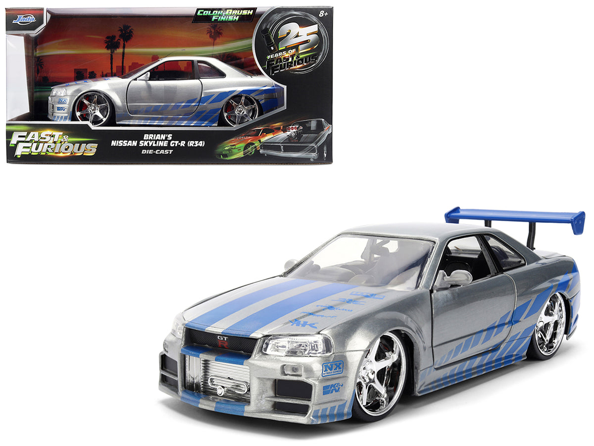 Brian's Nissan Skyline GT-R (R34) RHD (Right Hand Drive) Brush Finish  '2 Fast 2 Furious' (2003) Movie 25 Years of Fast & Furious Anniversary 1/24 by Jada