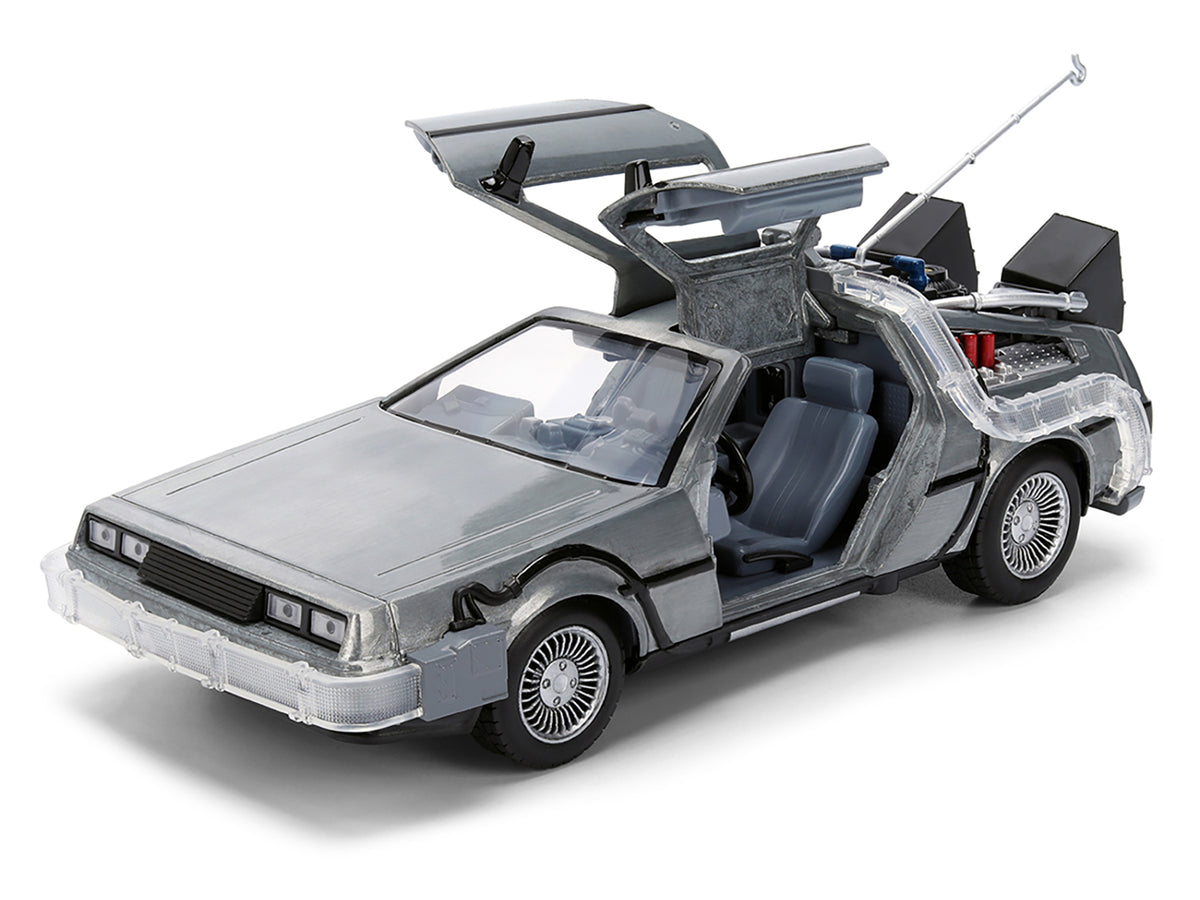 DeLorean Brushed Metal Time Machine with Lights 'Back to the Future' (1985) Movie '40th Anniversary' Special Packaging 'Hollywood Rides' Series 1/24 Diecast Model Car by Jada