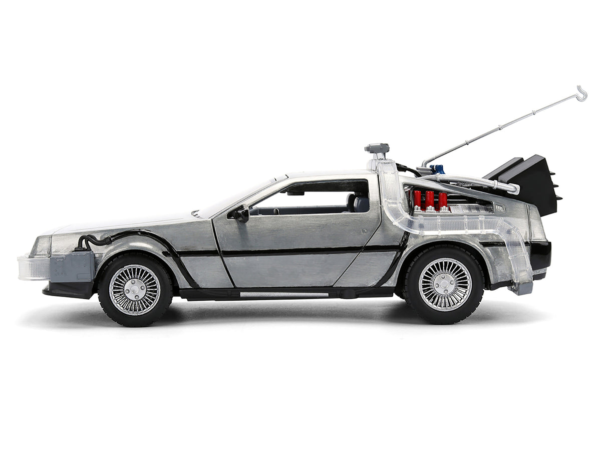 DeLorean Brushed Metal Time Machine with Lights 'Back to the Future' (1985) Movie '40th Anniversary' Special Packaging 'Hollywood Rides' Series 1/24 Diecast Model Car by Jada