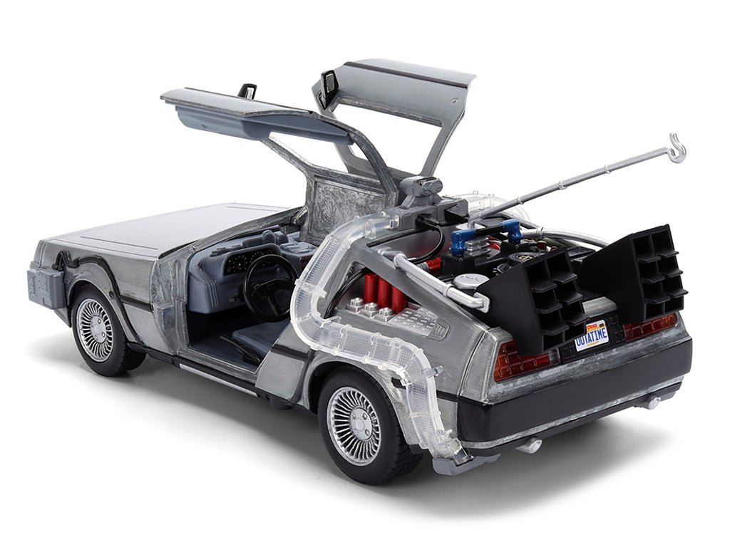 DeLorean Brushed Metal Time Machine with Lights 'Back to the Future' (1985) Movie '40th Anniversary' Special Packaging 'Hollywood Rides' Series 1/24 Diecast Model Car by Jada