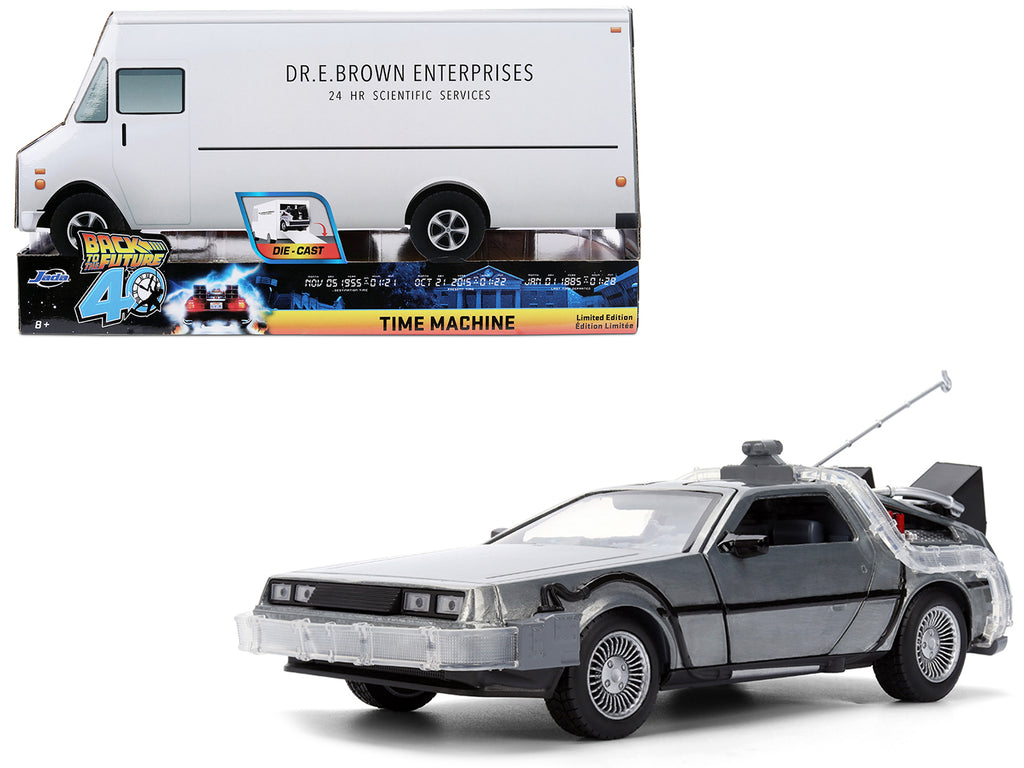 DeLorean Brushed Metal Time Machine with Lights 'Back to the Future' (1985) Movie '40th Anniversary' Special Packaging 'Hollywood Rides' Series 1/24 Diecast Model Car by Jada