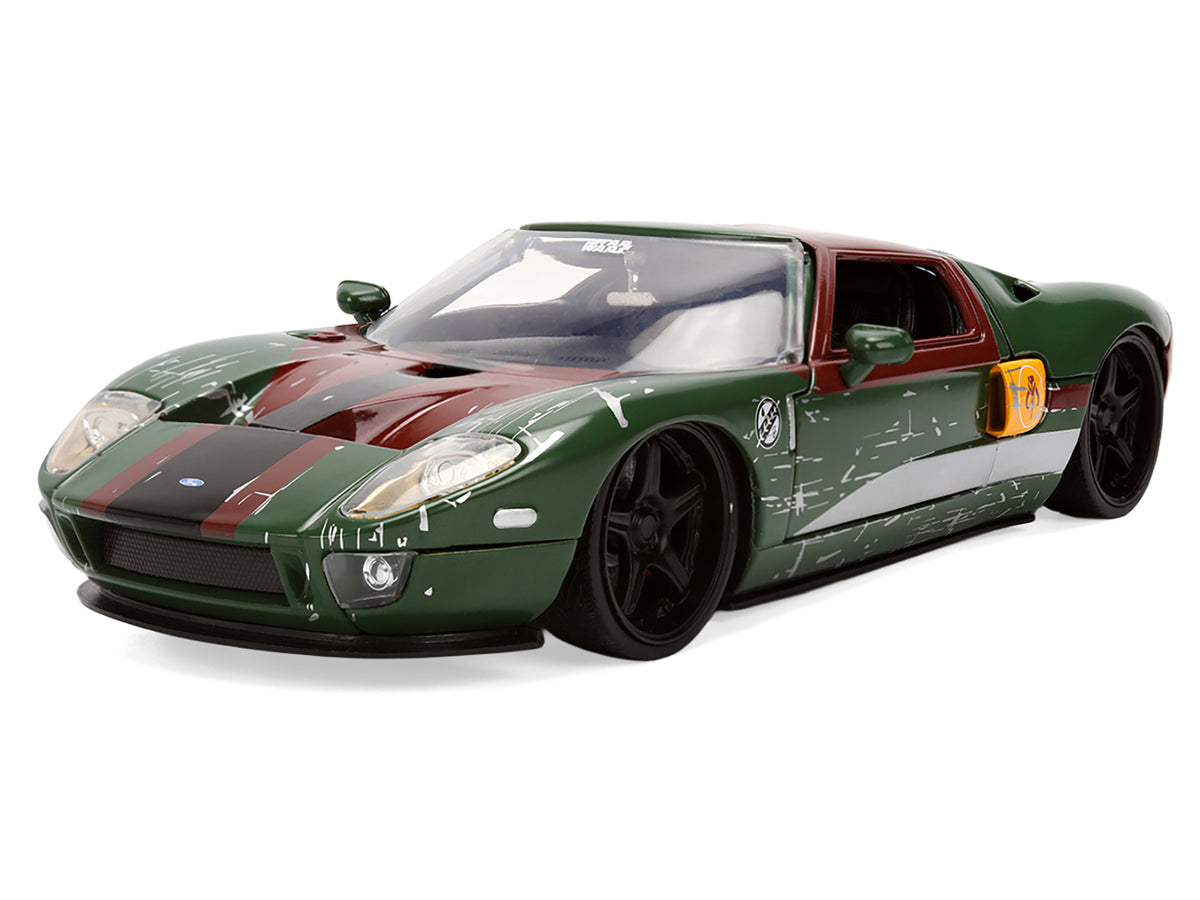 2005 Ford GT Green (Weathered) with Graphics and Boba Fett Figure 'Star Wars' Franchise 'Hollywood Rides' Series 1/24 Diecast Model Car by Jada
