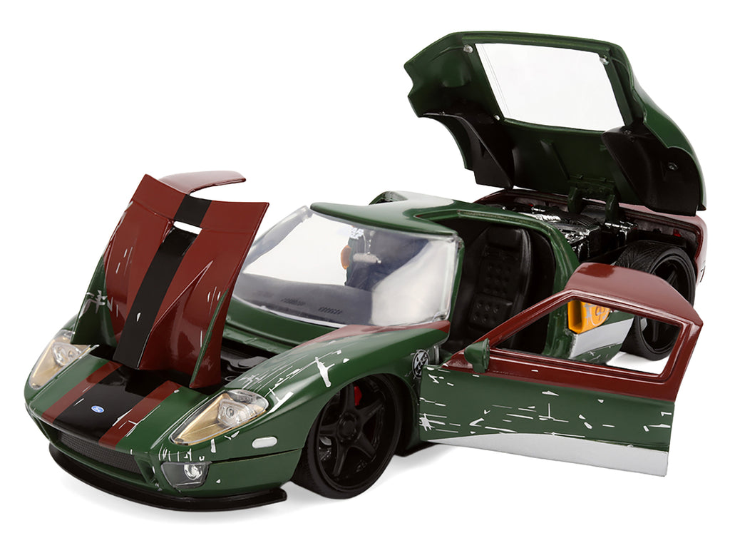 2005 Ford GT Green (Weathered) with Graphics and Boba Fett Figure 'Star Wars' Franchise 'Hollywood Rides' Series 1/24 Diecast Model Car by Jada