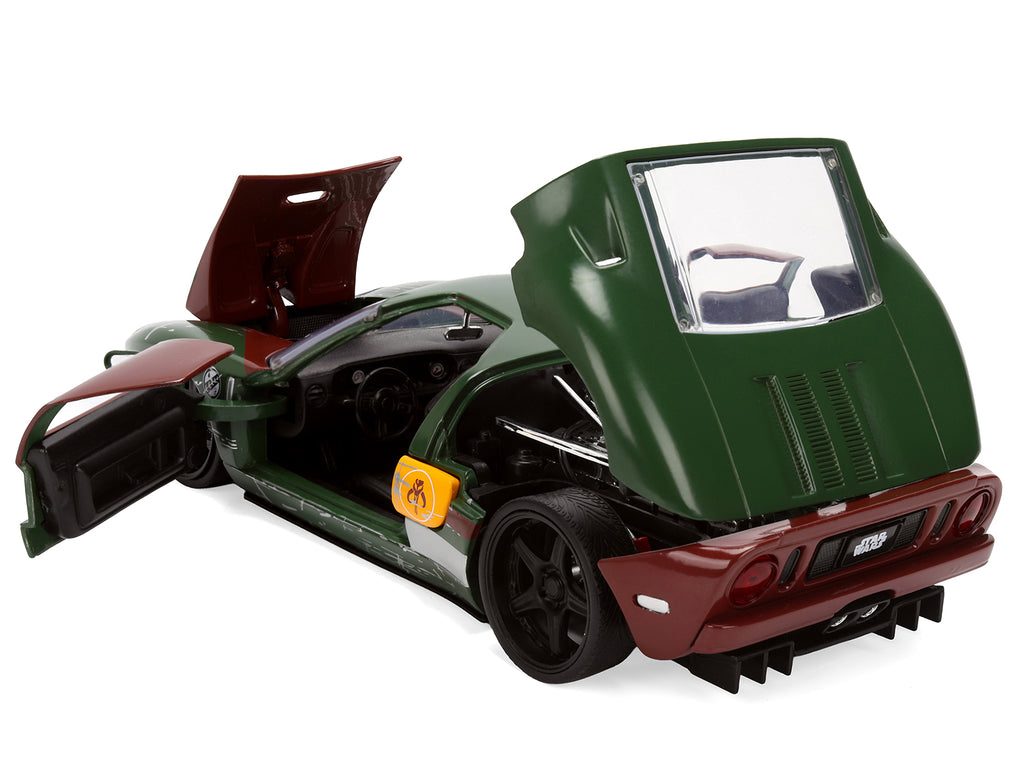 2005 Ford GT Green (Weathered) with Graphics and Boba Fett Figure 'Star Wars' Franchise 'Hollywood Rides' Series 1/24 Diecast Model Car by Jada