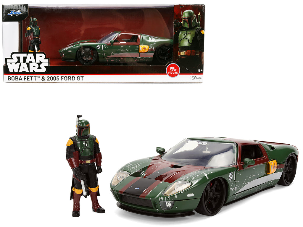 2005 Ford GT Green (Weathered) with Graphics and Boba Fett Figure 'Star Wars' Franchise 'Hollywood Rides' Series 1/24 Diecast Model Car by Jada