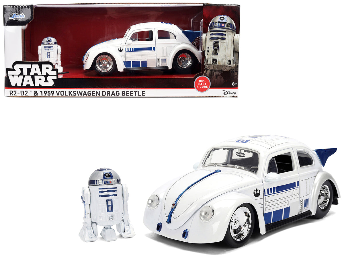 1959 Volkswagen Drag Beetle White with Graphics and R2-D2 Figure 'Star Wars' Franchise 'Hollywood Rides' Series 1/24 Diecast Model Car by Jada