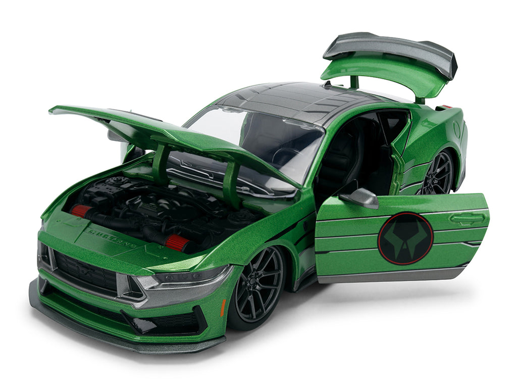 2024 Ford Mustang Dark Horse Green Metallic with Gray Top and Graphic with Doctor Doom Diecast Figure 'Marvel's Doctor Doom' Character 'Hollywood Rides' Series 1/24 Diecast Model Car by Jada