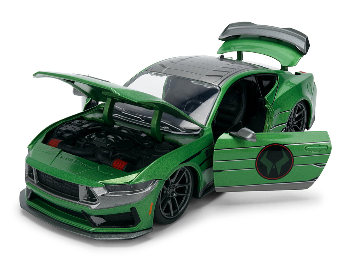 2024 Ford Mustang Dark Horse Green Metallic with Gray Top and Graphic with Doctor Doom Diecast Figure 'Marvel's Doctor Doom' Character 'Hollywood Rides' Series 1/24 Diecast Model Car by Jada