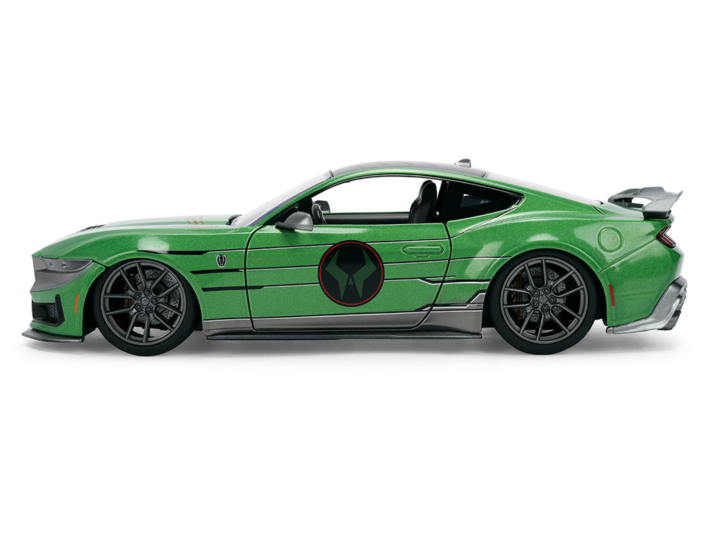 2024 Ford Mustang Dark Horse Green Metallic with Gray Top and Graphic with Doctor Doom Diecast Figure 'Marvel's Doctor Doom' Character 'Hollywood Rides' Series 1/24 Diecast Model Car by Jada