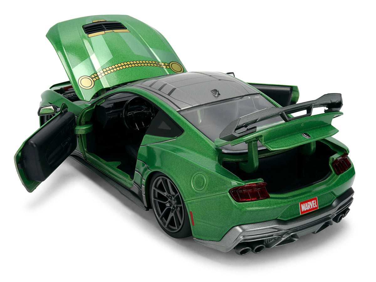 2024 Ford Mustang Dark Horse Green Metallic with Gray Top and Graphic with Doctor Doom Diecast Figure 'Marvel's Doctor Doom' Character 'Hollywood Rides' Series 1/24 Diecast Model Car by Jada