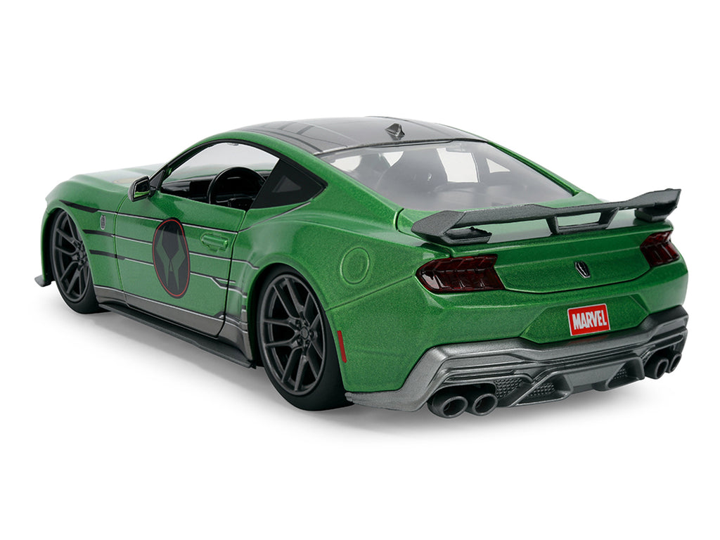 2024 Ford Mustang Dark Horse Green Metallic with Gray Top and Graphic with Doctor Doom Diecast Figure 'Marvel's Doctor Doom' Character 'Hollywood Rides' Series 1/24 Diecast Model Car by Jada
