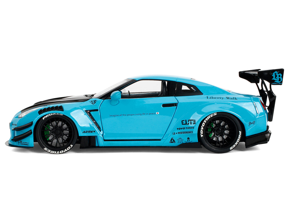 Nissan GT-R (R35) Liberty Walk Body Kit 2.0 RHD (Right Hand Drive) Blue with Black Hood 'Pink Slips' Series 1/18 Diecast Model Car by Jada