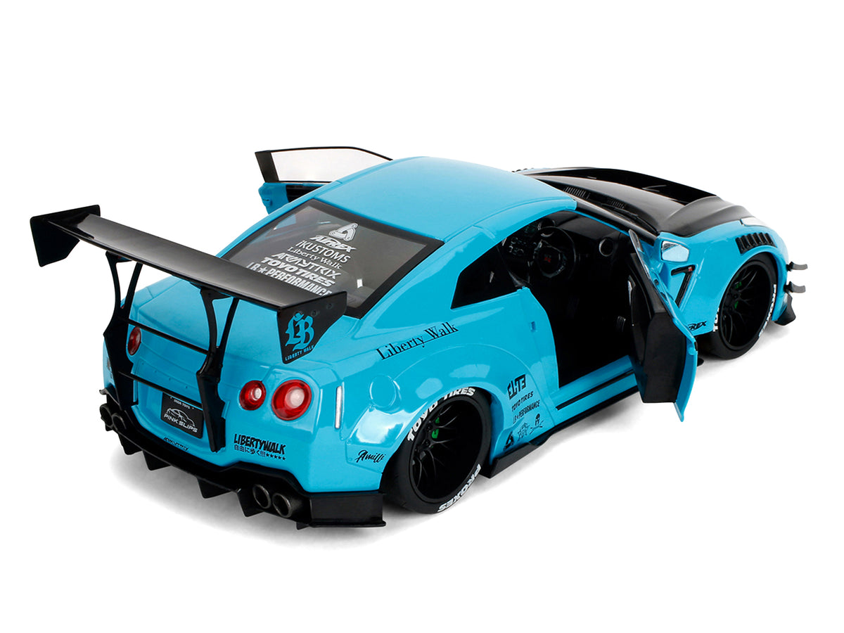 Nissan GT-R (R35) Liberty Walk Body Kit 2.0 RHD (Right Hand Drive) Blue with Black Hood 'Pink Slips' Series 1/18 Diecast Model Car by Jada