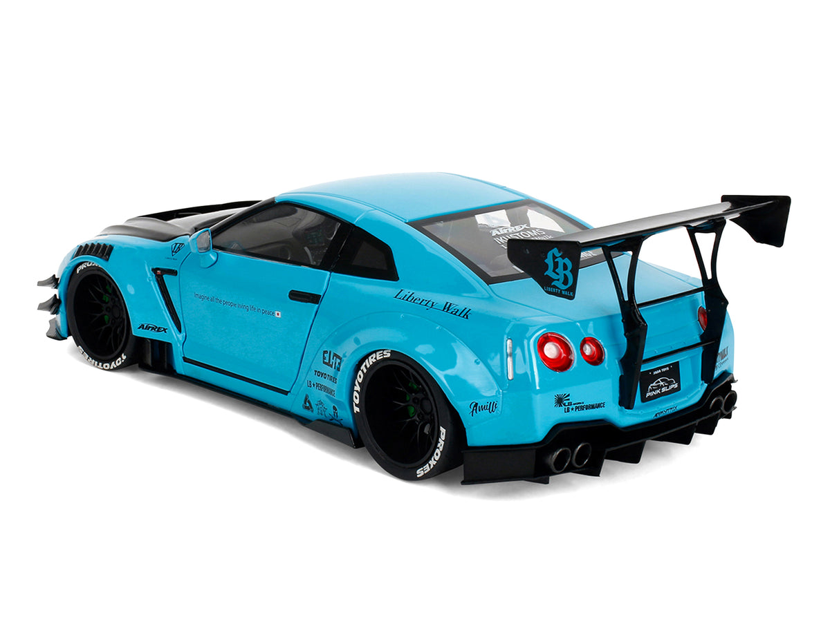 Nissan GT-R (R35) Liberty Walk Body Kit 2.0 RHD (Right Hand Drive) Blue with Black Hood 'Pink Slips' Series 1/18 Diecast Model Car by Jada