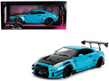 Nissan GT-R (R35) Liberty Walk Body Kit 2.0 RHD (Right Hand Drive) Blue with Black Hood 'Pink Slips' Series 1/18 Diecast Model Car by Jada