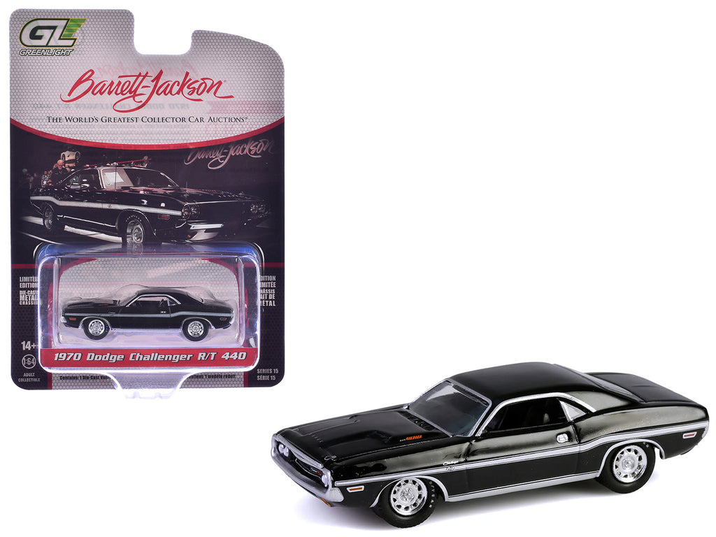 1970 Dodge Challenger R/T 440 Black with White Stripes 'Barrett-Jackson' Series 15 1/64 Diecast Model Car by Greenlight
