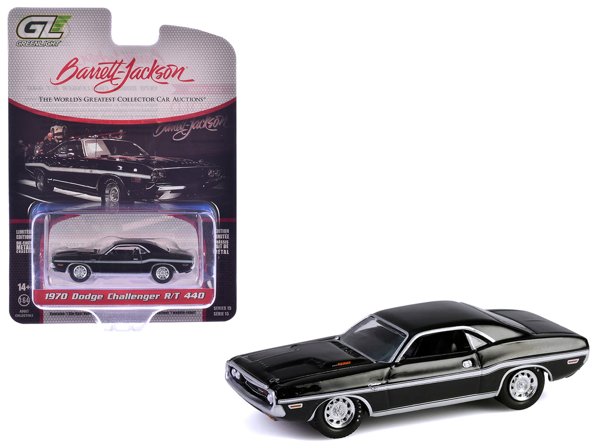 1970 Dodge Challenger R/T 440 Black with White Stripes 'Barrett-Jackson' Series 15 1/64 Diecast Model Car by Greenlight