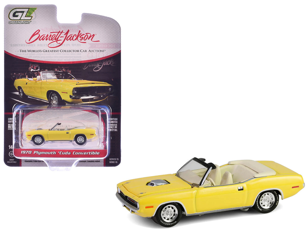 1970 Plymouth 'Cuda Convertible Yellow 'Barrett-Jackson' Series 15 1/64 Diecast Model Car by Greenlight