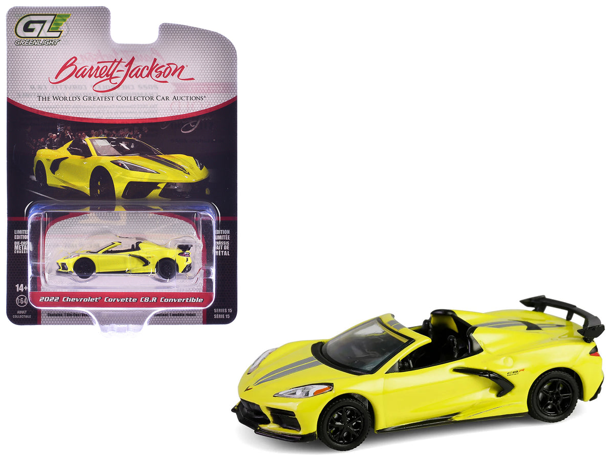2022 Chevrolet Corvette C8.R Convertible Yellow with Silver Stripes 'Barrett-Jackson' Series 15 1/64 Diecast Model Car by Greenlight