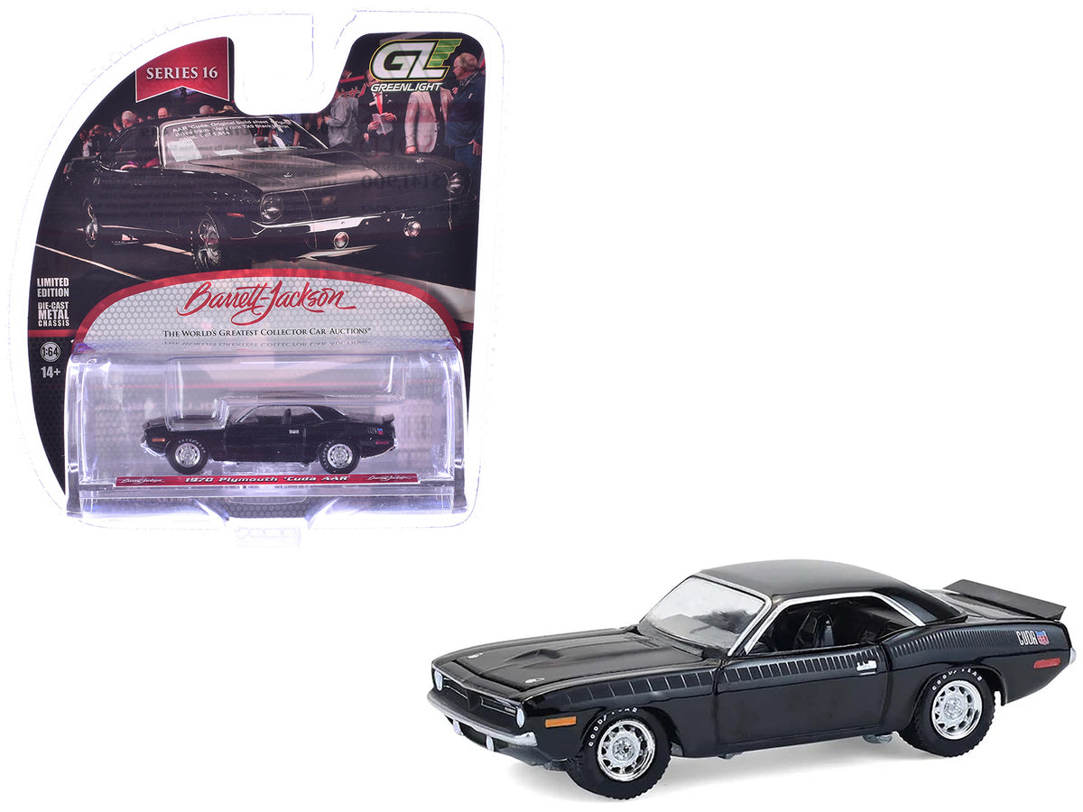 1970 Plymouth 'Cuda AAR Black with Gray Stripes 'Barrett-Jackson' Series 16 1/64 Diecast Model Car by Greenlight
