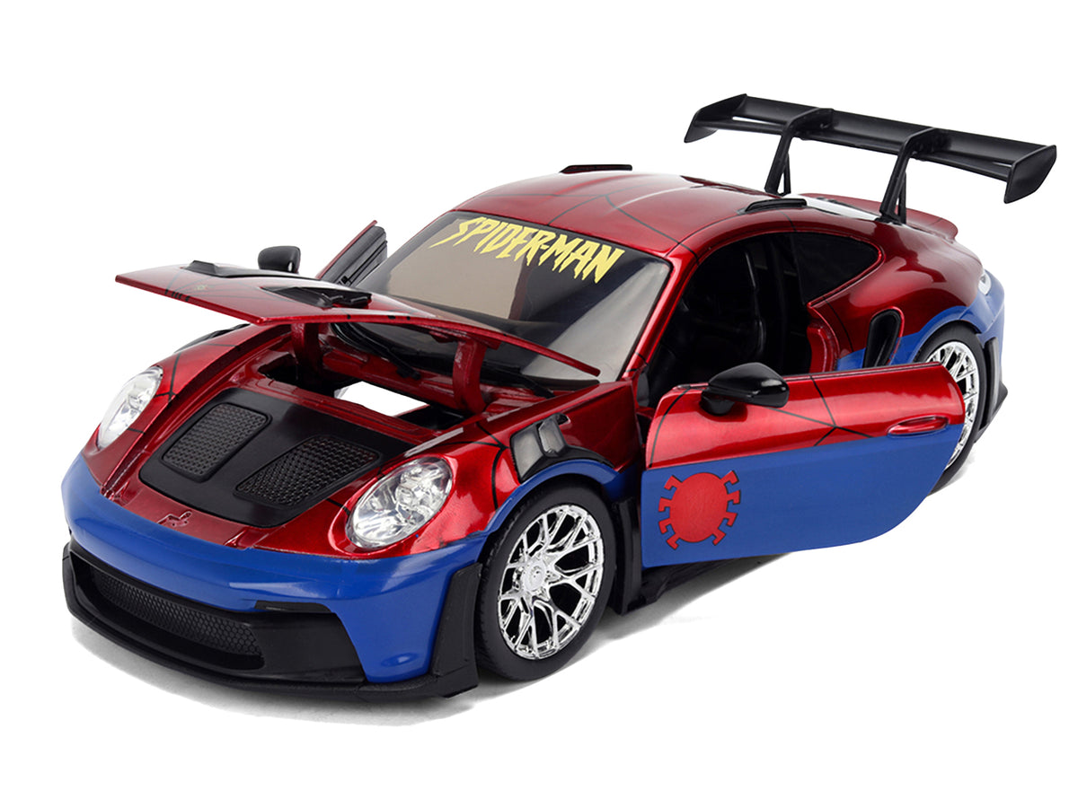 Porsche 911 GT3 RS (992) Red and Blue with Graphics and Spider-Man Diecast Figure 'Marvel Spider-Man' 'Hollywood Rides' Series 1/24 Diecast Model Car by Jada