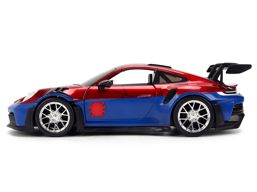 Porsche 911 GT3 RS (992) Red and Blue with Graphics and Spider-Man Diecast Figure 'Marvel Spider-Man' 'Hollywood Rides' Series 1/24 Diecast Model Car by Jada