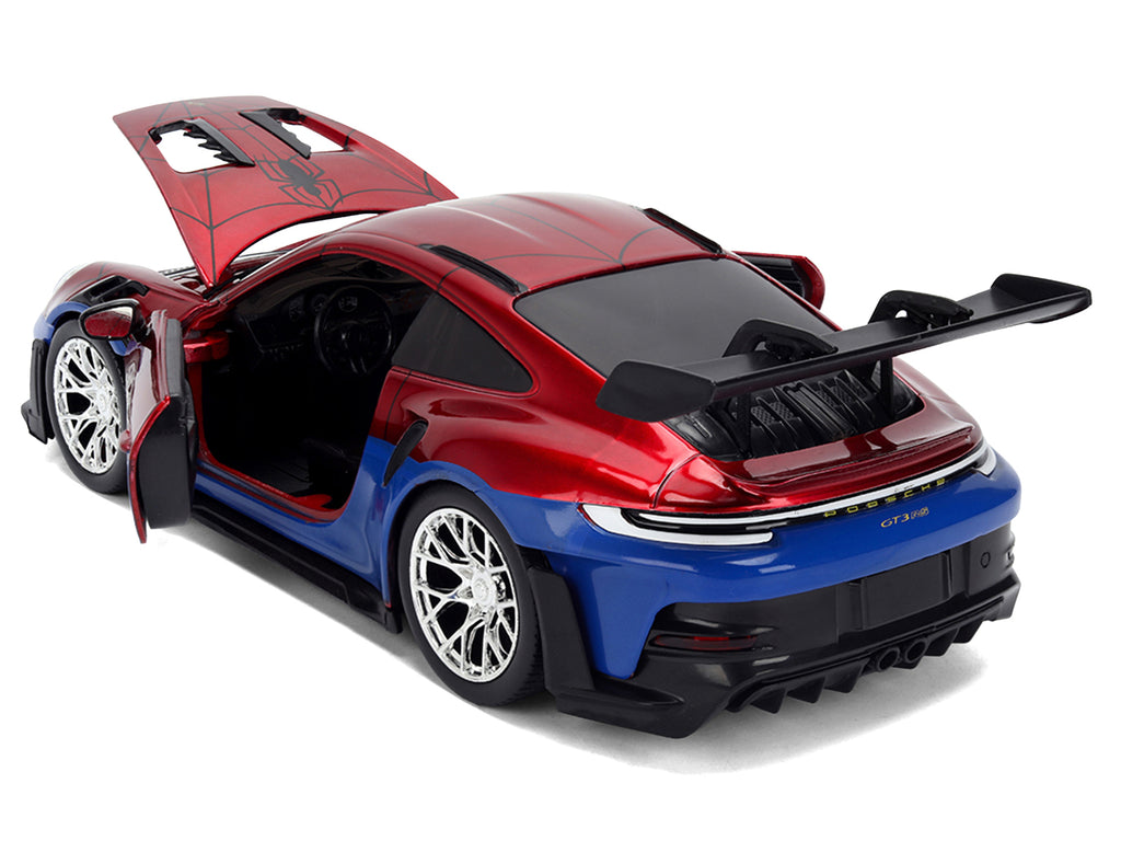 Porsche 911 GT3 RS (992) Red and Blue with Graphics and Spider-Man Diecast Figure 'Marvel Spider-Man' 'Hollywood Rides' Series 1/24 Diecast Model Car by Jada