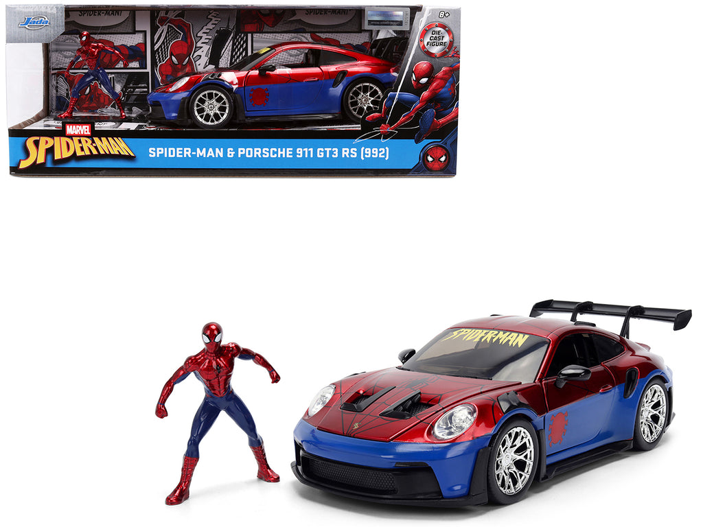 Porsche 911 GT3 RS (992) Red and Blue with Graphics and Spider-Man Diecast Figure 'Marvel Spider-Man' 'Hollywood Rides' Series 1/24 Diecast Model Car by Jada