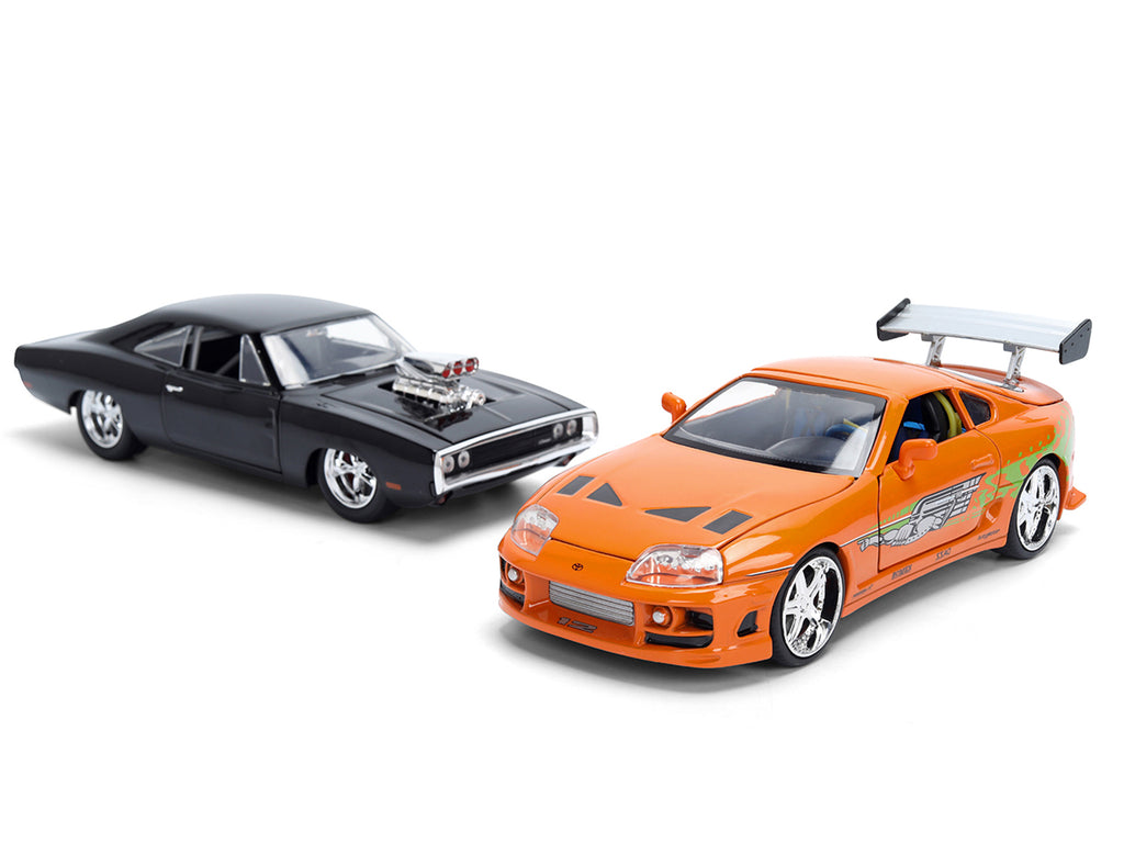 Dom's 1970 Dodge Charger R/T Black and Brian's Toyota Supra Orange with Graphics Set of 2 Cars 'Fast & Furious 25th Anniversary' 'Fast & Furious' Series 1/24 Diecast Model Cars by Jada