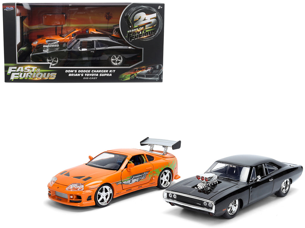 Dom's 1970 Dodge Charger R/T Black and Brian's Toyota Supra Orange with Graphics Set of 2 Cars 'Fast & Furious 25th Anniversary' 'Fast & Furious' Series 1/24 Diecast Model Cars by Jada