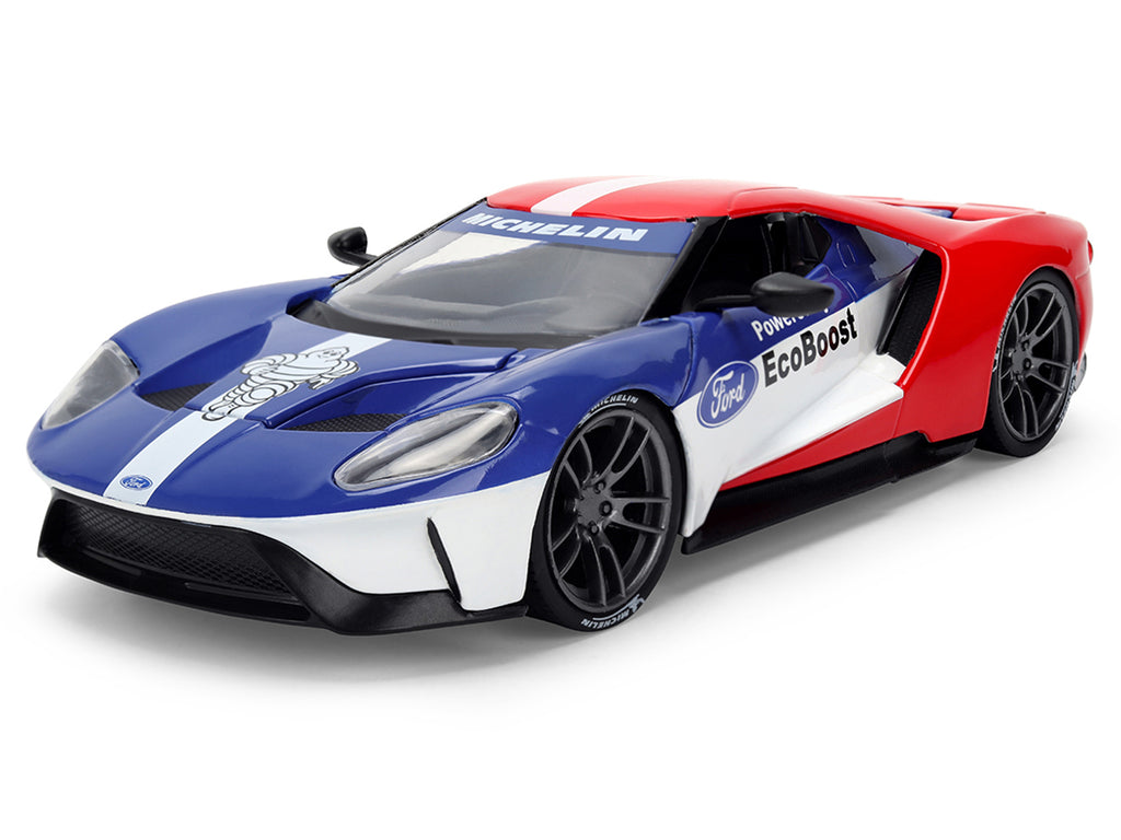 2017 Ford GT Blue and Red with White Stripes with Michelin Man Diecast Figure 'Michelin Tires' 'Hollywood Rides' Series 1/24 Diecast Model Car by Jada