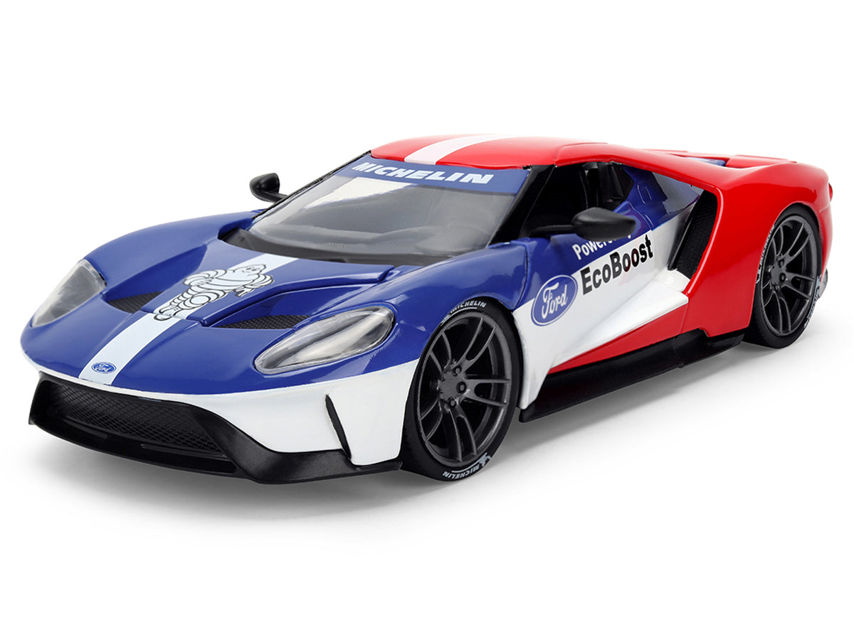 2017 Ford GT Blue and Red with White Stripes with Michelin Man Diecast Figure 'Michelin Tires' 'Hollywood Rides' Series 1/24 Diecast Model Car by Jada