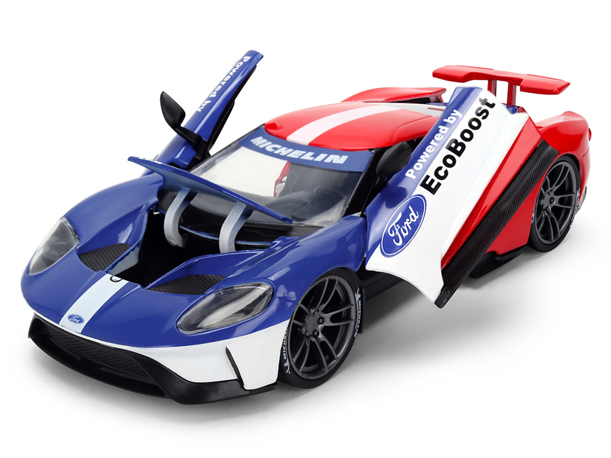 2017 Ford GT Blue and Red with White Stripes with Michelin Man Diecast Figure 'Michelin Tires' 'Hollywood Rides' Series 1/24 Diecast Model Car by Jada