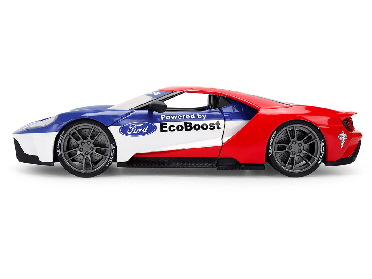 2017 Ford GT Blue and Red with White Stripes with Michelin Man Diecast Figure 'Michelin Tires' 'Hollywood Rides' Series 1/24 Diecast Model Car by Jada