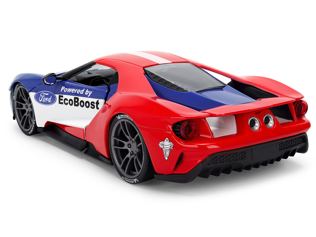 2017 Ford GT Blue and Red with White Stripes with Michelin Man Diecast Figure 'Michelin Tires' 'Hollywood Rides' Series 1/24 Diecast Model Car by Jada