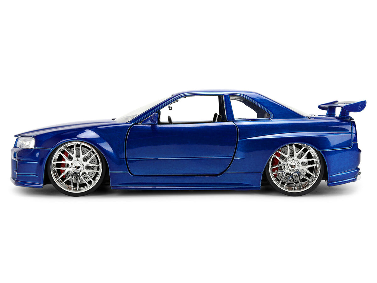 Brian's Nissan Skyline GT-R (R34) RHD (Right Hand Drive) Blue Color Brush Finish 25 Years of Fast & Furious Anniversary '2 Fast 2 Furious' (2003) Movie 'Fast & Furious' 1/24 Diecast Model Car by Jada