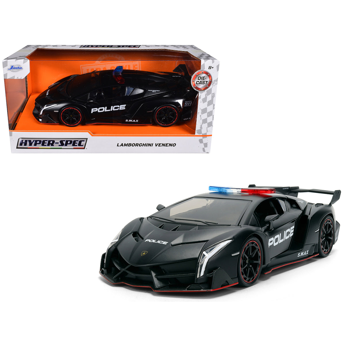 Lamborghini Veneno 'Police' Matt Black 'Hyper-Spec' Series 1/24 Diecast Model Car by Jada