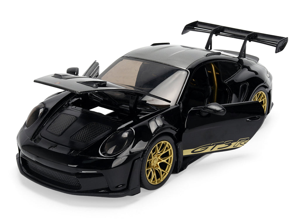 Porsche 911 (992) GT3 RS Black with Carbon Top and Hood Stripes and Gold Wheels 'Hyper-Spec' 1/24 Diecast Model Car by Jada