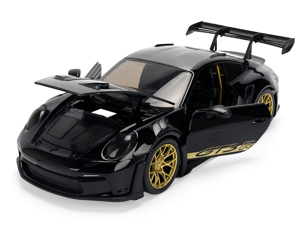 Porsche 911 (992) GT3 RS Black with Carbon Top and Hood Stripes and Gold Wheels 'Hyper-Spec' 1/24 Diecast Model Car by Jada