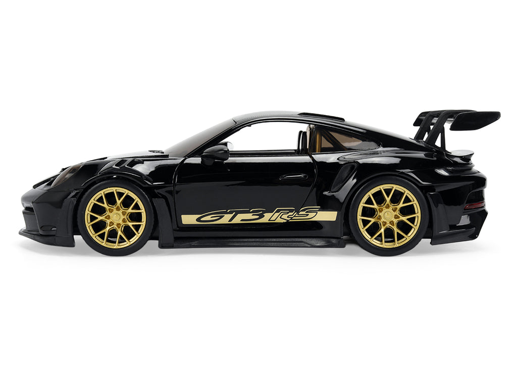 Porsche 911 (992) GT3 RS Black with Carbon Top and Hood Stripes and Gold Wheels 'Hyper-Spec' 1/24 Diecast Model Car by Jada