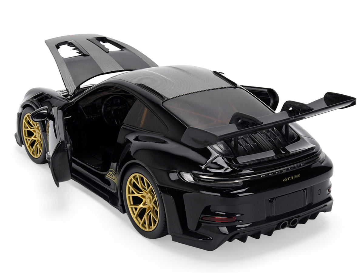 Porsche 911 (992) GT3 RS Black with Carbon Top and Hood Stripes and Gold Wheels 'Hyper-Spec' 1/24 Diecast Model Car by Jada