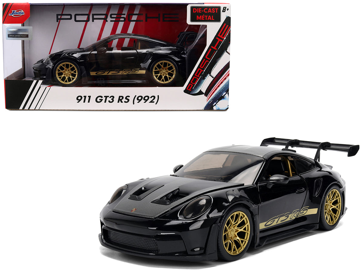 Porsche 911 (992) GT3 RS Black with Carbon Top and Hood Stripes and Gold Wheels 'Hyper-Spec' 1/24 Diecast Model Car by Jada