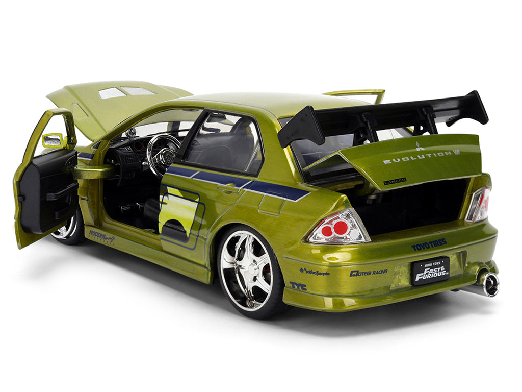 Brian's Mitsubishi Lancer Evolution VII Green Color Brush Finish '2 Fast 2 Furious' (2003) Movie '25 Years of Fast & Furious' Series1/24 Diecast Model Car by Jada