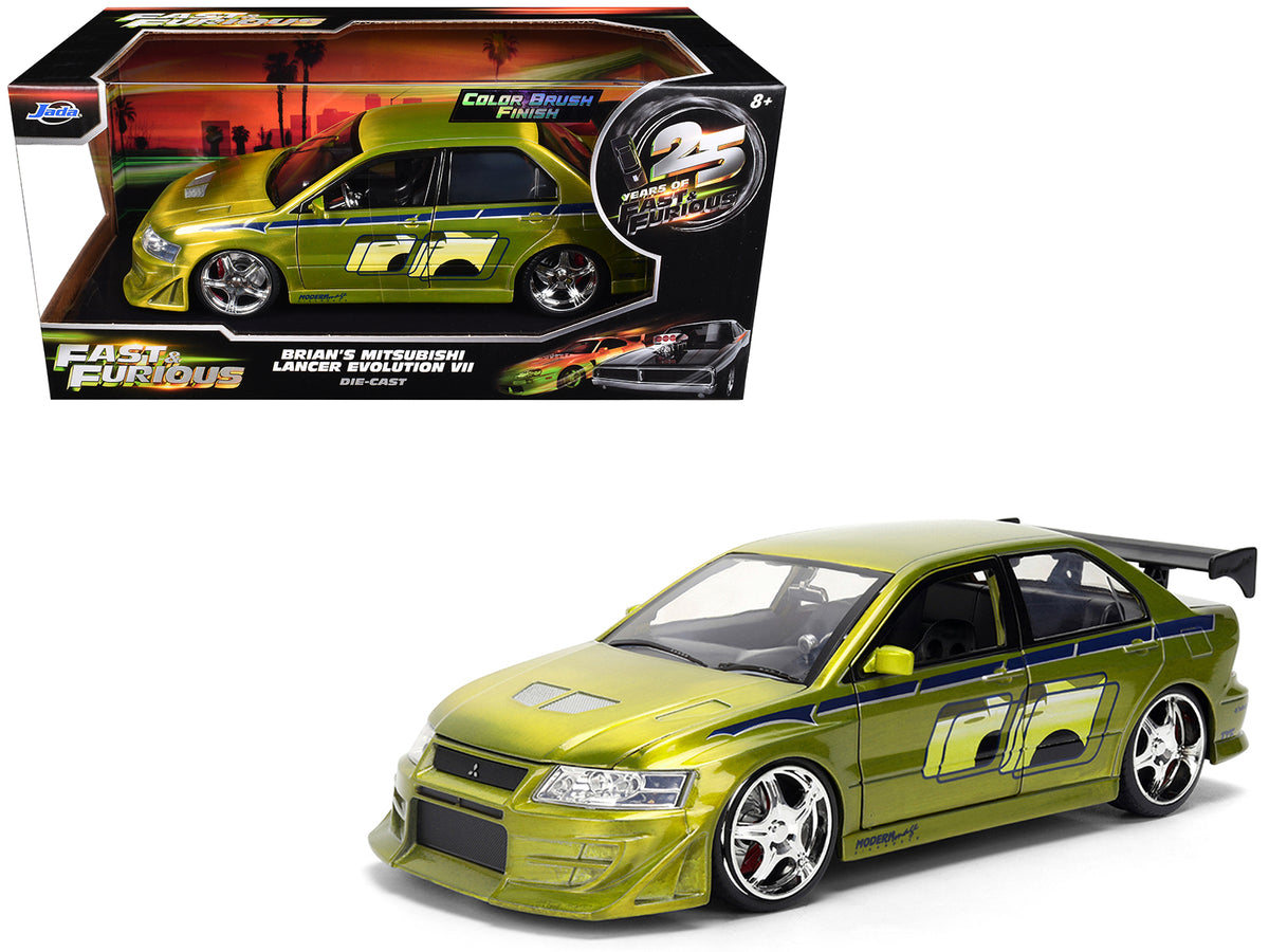 Brian's Mitsubishi Lancer Evolution VII Green Color Brush Finish '2 Fast 2 Furious' (2003) Movie '25 Years of Fast & Furious' Series1/24 Diecast Model Car by Jada