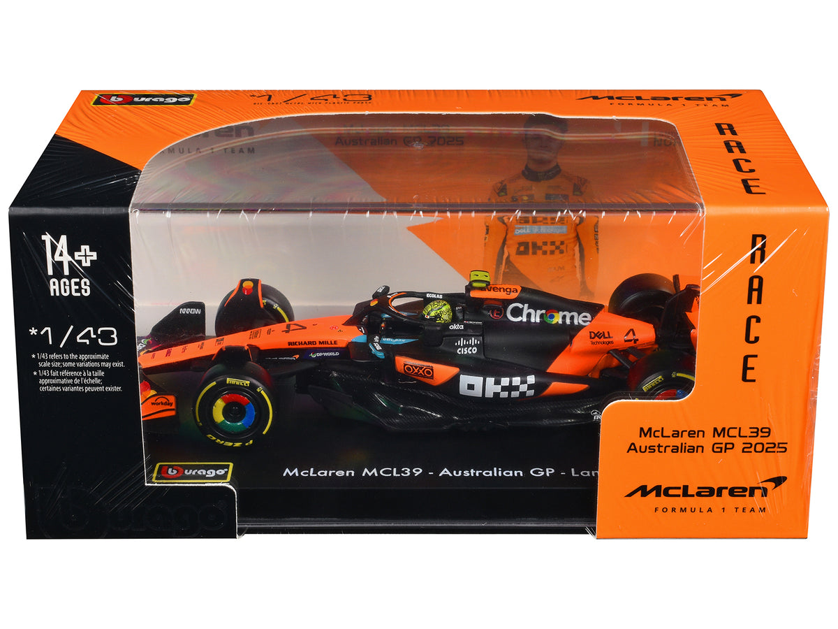 McLaren MCL39 #4 Lando Norris Winner Formula One F1 'Australian GP' (2025) with Display Case 'Race' Series 1/43 Diecast Model Car by Bburago