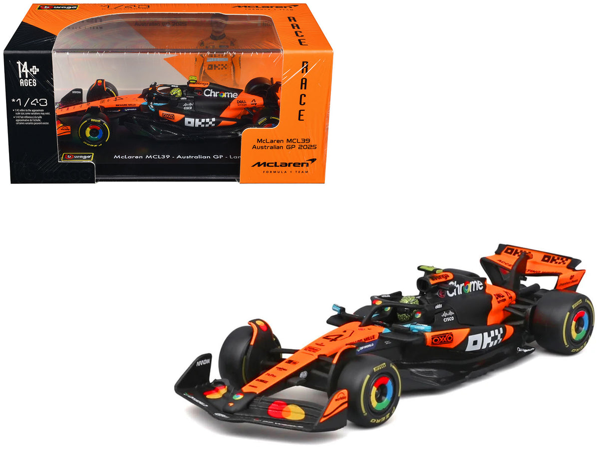 McLaren MCL39 #4 Lando Norris Winner Formula One F1 'Australian GP' (2025) with Display Case 'Race' Series 1/43 Diecast Model Car by Bburago
