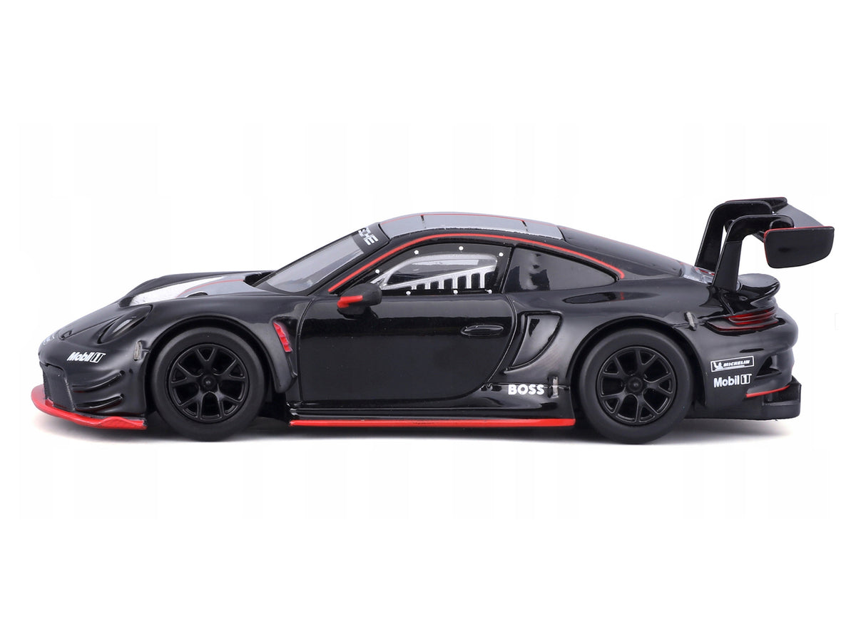Porsche 911 GT3 R Black with Silver Top and Hood and Red Stripes 'Race' Series 1/43 Diecast Model Car by Bburago