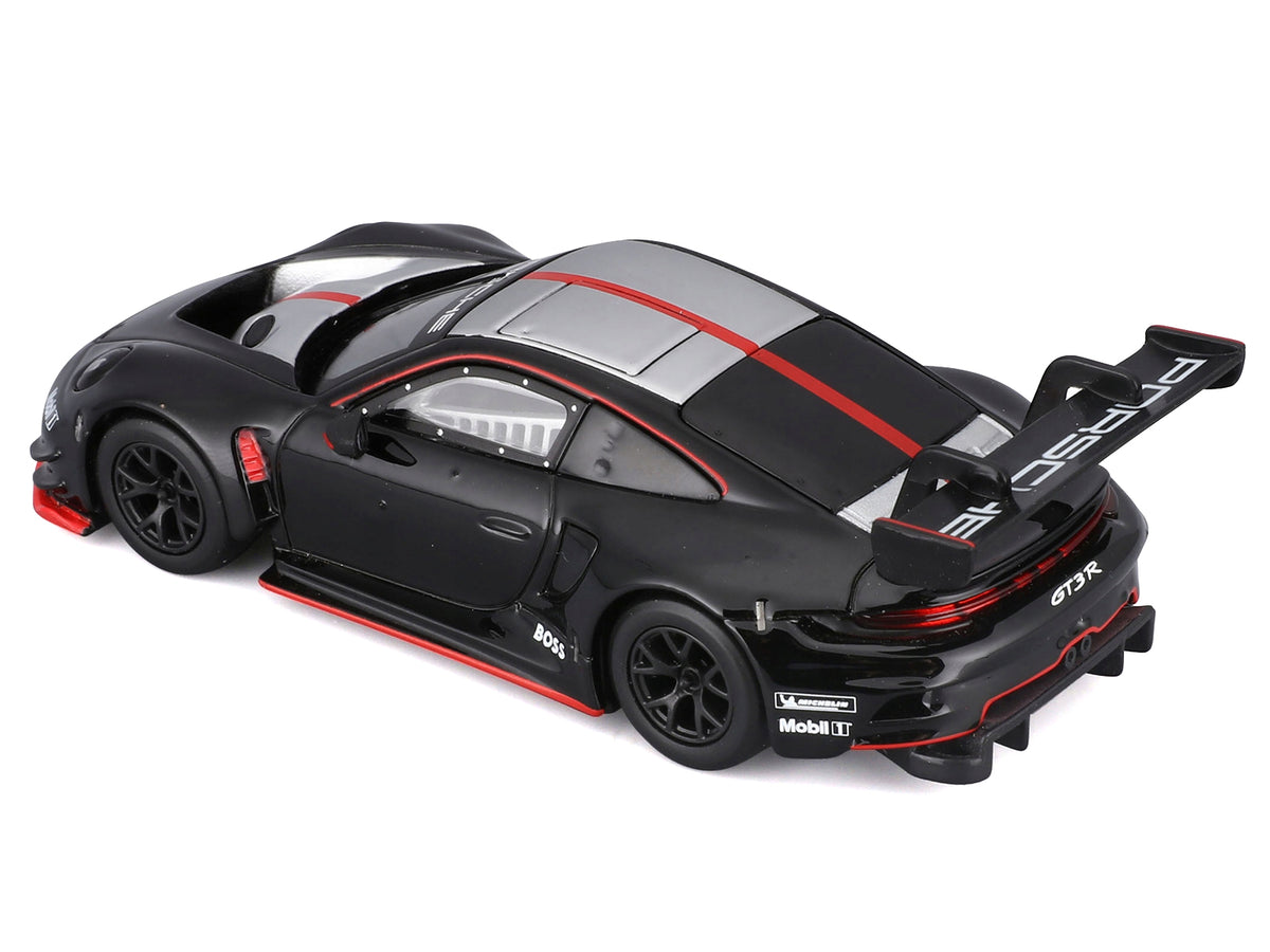Porsche 911 GT3 R Black with Silver Top and Hood and Red Stripes 'Race' Series 1/43 Diecast Model Car by Bburago