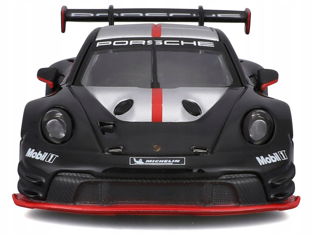 Porsche 911 GT3 R Black with Silver Top and Hood and Red Stripes 'Race' Series 1/43 Diecast Model Car by Bburago