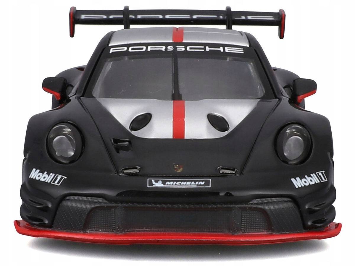 Porsche 911 GT3 R Black with Silver Top and Hood and Red Stripes 'Race' Series 1/43 Diecast Model Car by Bburago